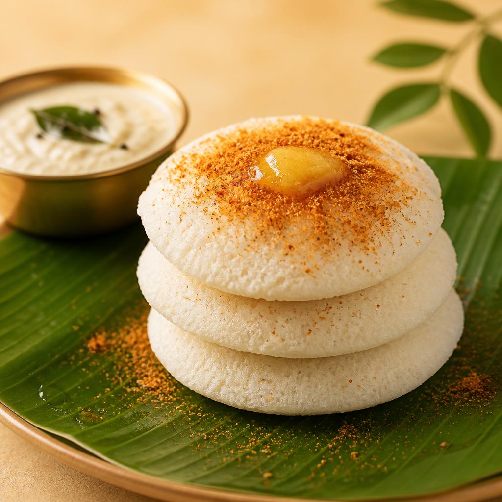 Soft thatte idly stack with ghee, podi and coconut chutney